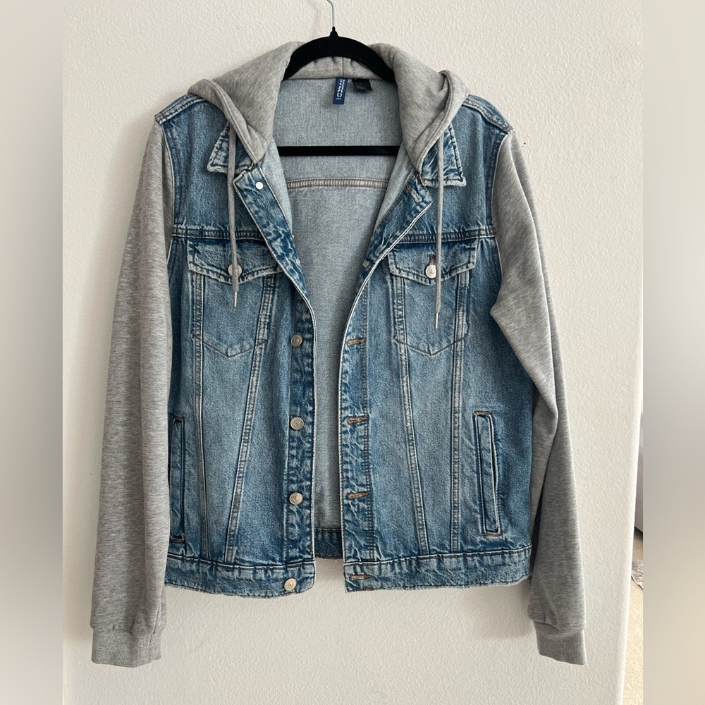 H&M Blue Denim Jacket with Gray sweater  Sleeves.